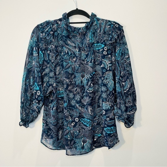 Anthropologie Sheer Floral Long Balloon Sleeve Lace Up Blue Peasant Blouse Top - Picture 2 of 11